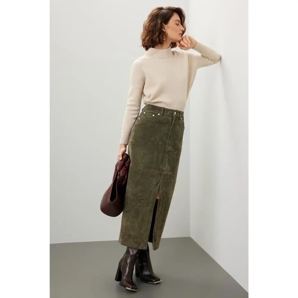 BlankNYC Hunter Green Retro Suede Leather Front Slit Pencil Midi Skirt Size 27 - Picture 6 of 16
